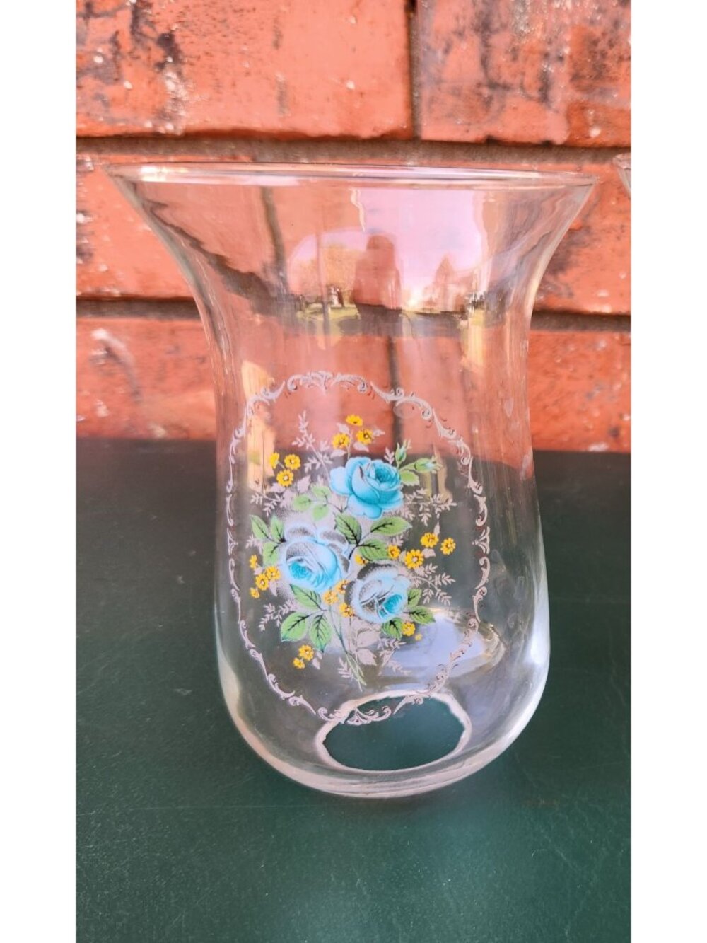 Vintage Hurricane Glass Floral Hand Painted Blue Flowers Oil Lamp Shade
